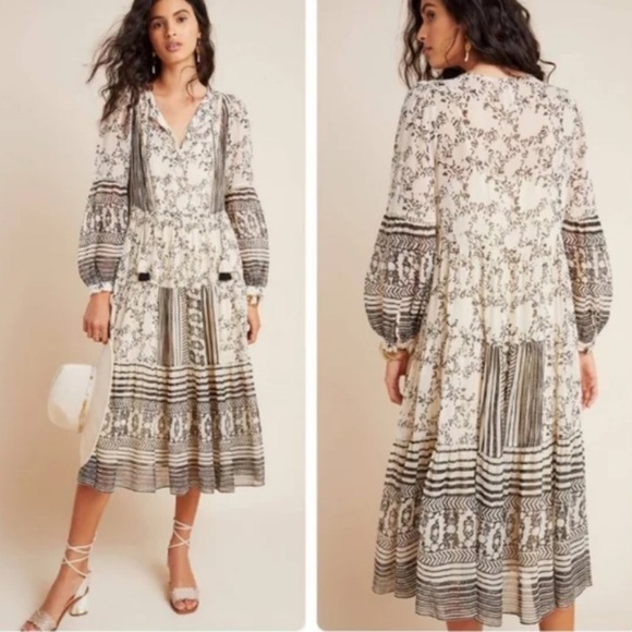 Anthropologie Cream Talulah Tiered long sleeve midi dress bohemian v neck small - Picture 4 of 13
